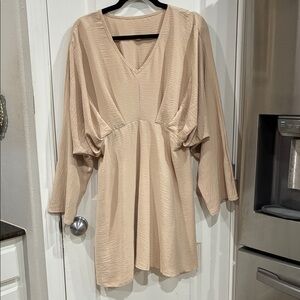 Beige V-Neck Dress with Long Sleeves